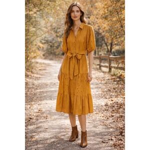Bohme NWT Ophelia Midi Dress XS Mustard Yellow Eyelet Tiered Button Front Boho